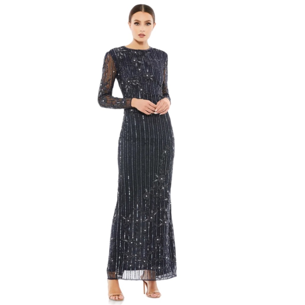 Mac Duggal EMBELLISHED HIGH NECK ILLUSION LONG SLEEVE GOWN size 24